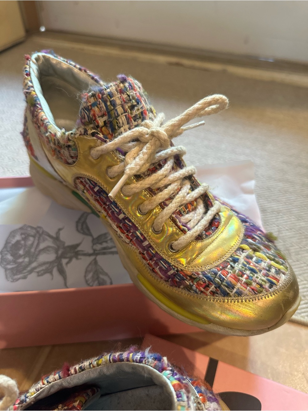 CHANEL Multicolor Tweed and Gold Leather Sneakers - Picture 2 of 7